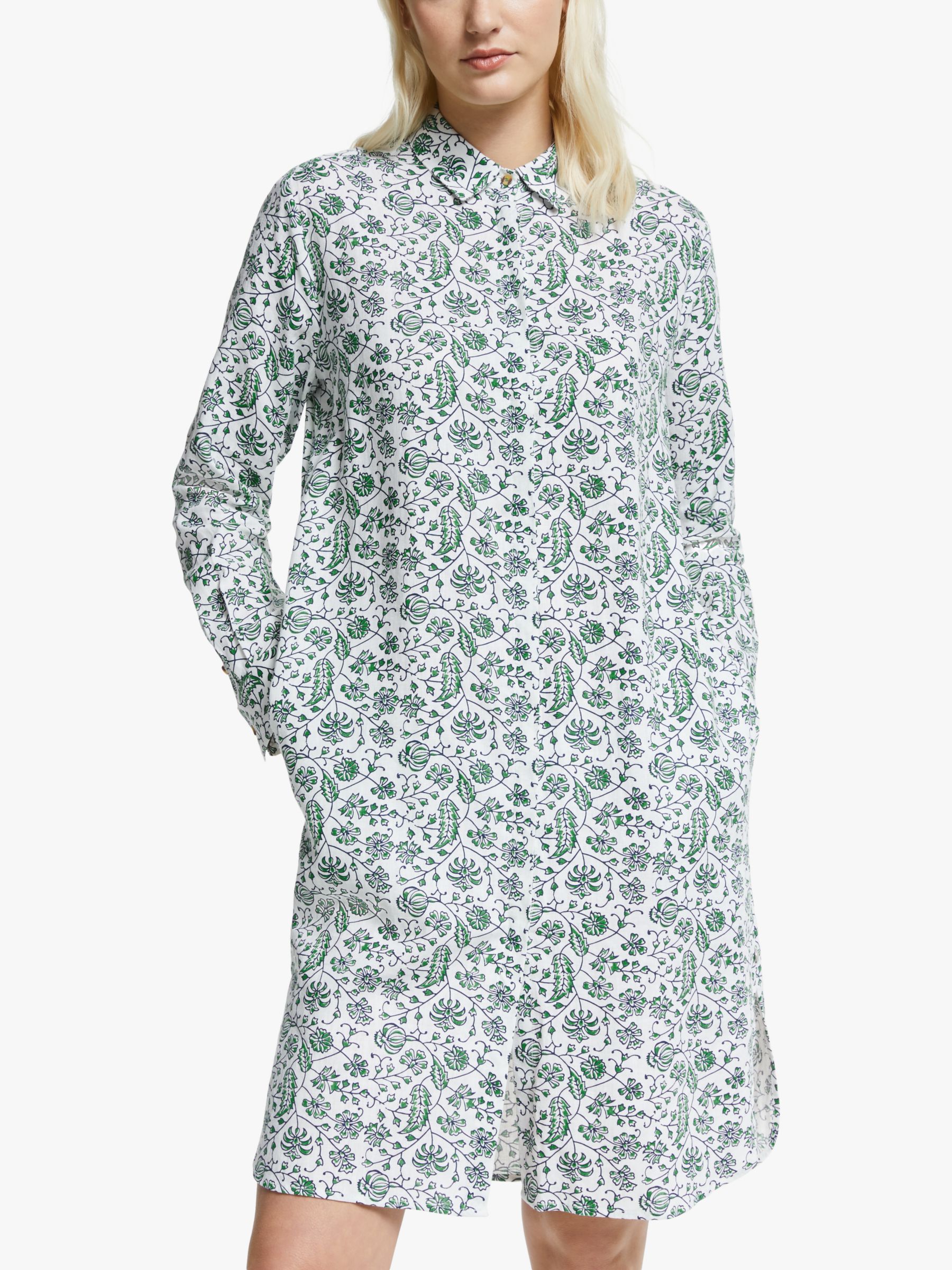 Yerse Long Sleeve Floral Shirt Dress, White/Green