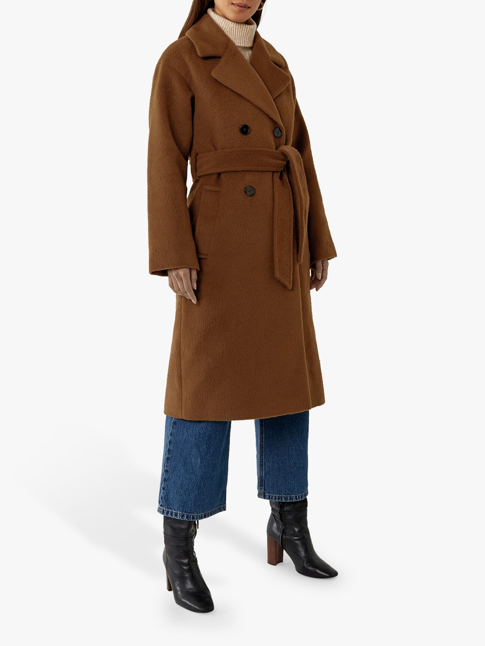 Warehouse Textured Double-Breasted Belted Wrap Coat, Tan