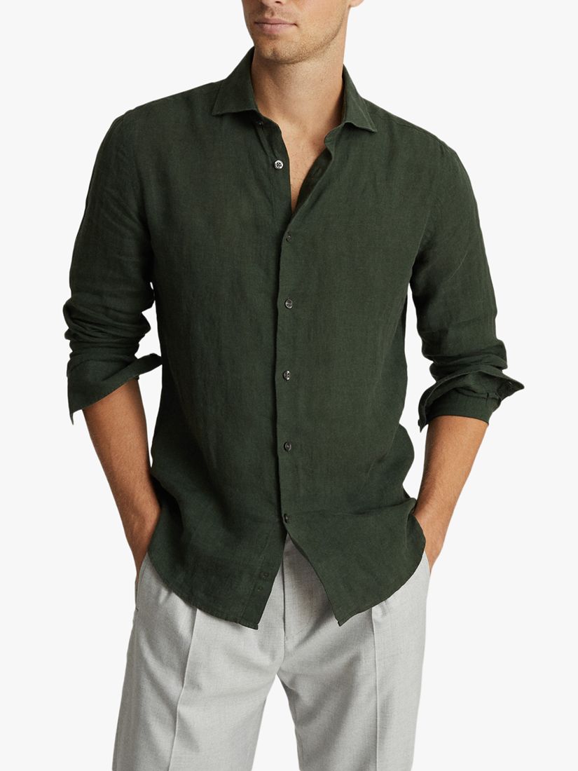 Reiss Ruban Linen Regular Fit Shirt, Khaki at John Lewis & Partners