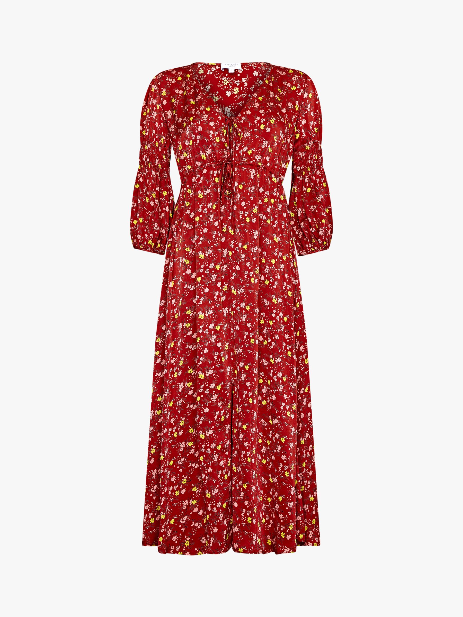 Ghost Clara Floral Tie Detail Midi Dress, Susie Spray Red at John Lewis ...