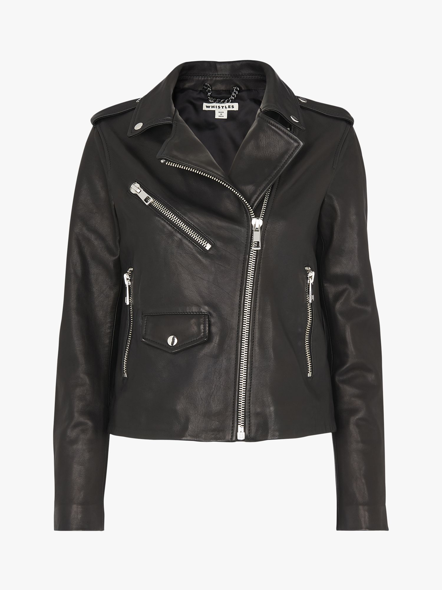 Whistles Agnes Leather Biker Jacket, Black at John Lewis & Partners