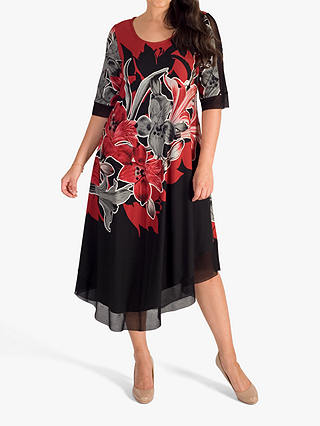 chesca Garland Floral Placement Mesh Trim Jersey Dress, Ruby/Black