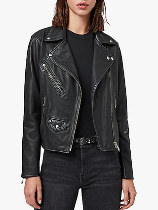 AllSaints Riley Leather Biker Jacket, Black/Grey