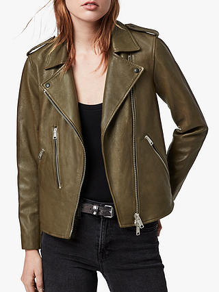 AllSaints Elva Leather Biker Jacket, Olive Green