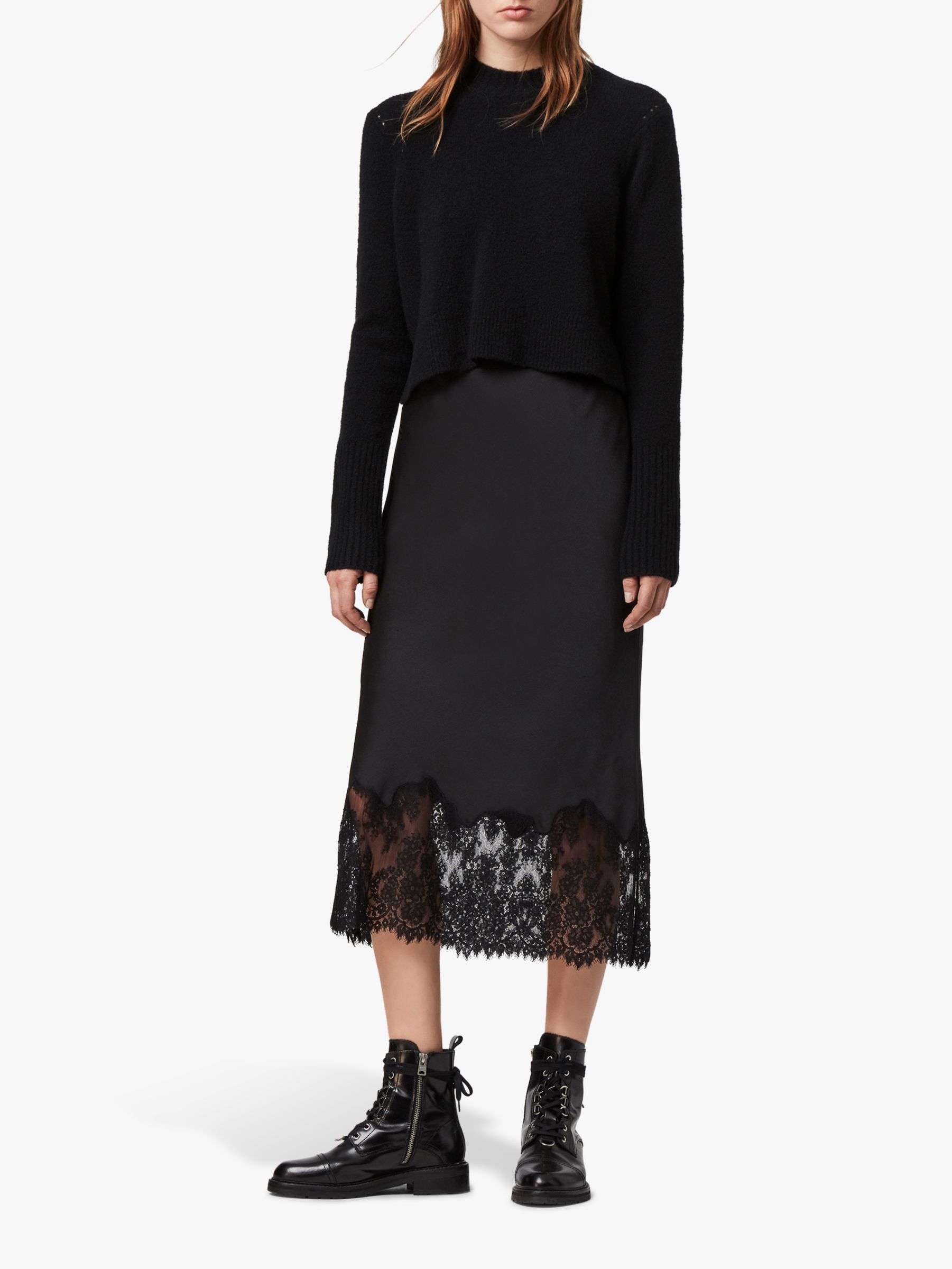 AllSaints Bridgette Satin Lace Trim Slip Skirt, Black, 6