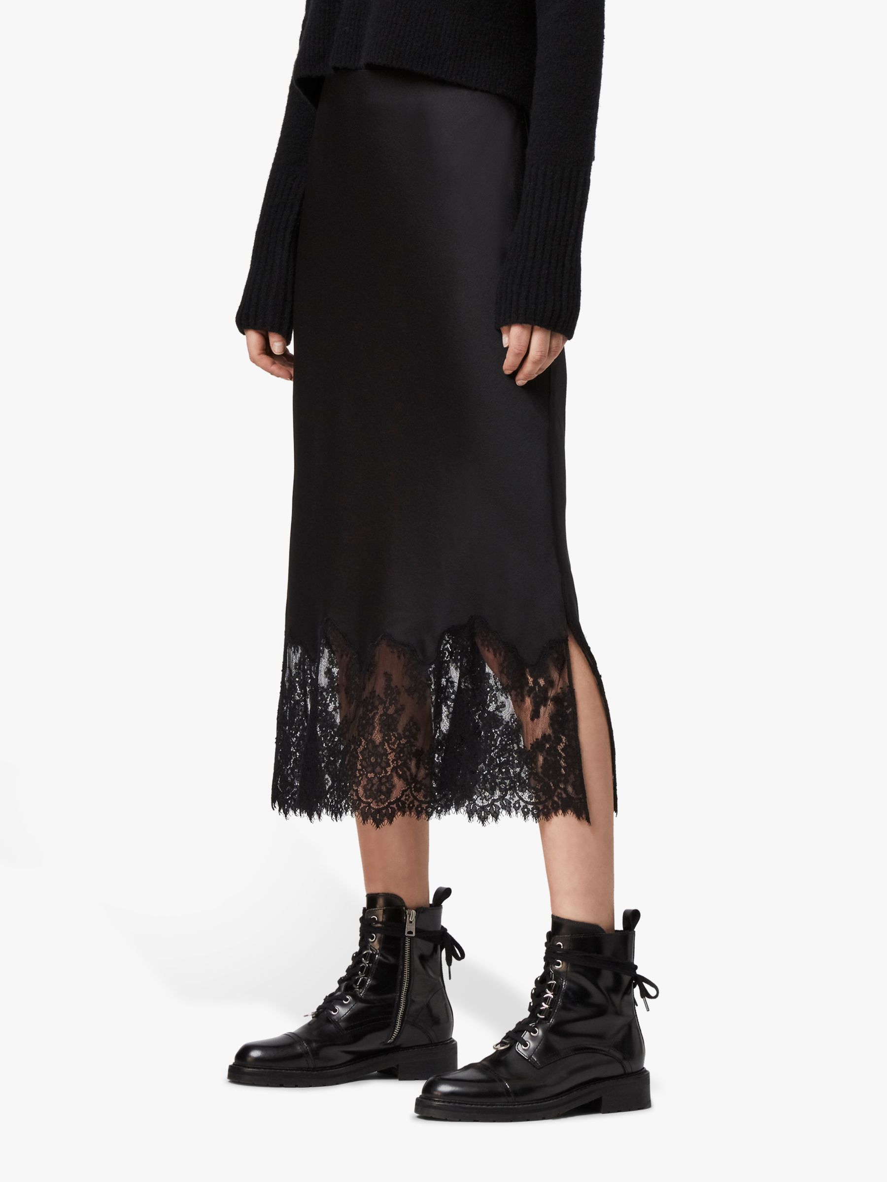 AllSaints Bridgette Satin Lace Trim Slip Skirt, Black