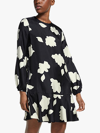 Theory Flared Floral Print Silk Dress, Black/Multi
