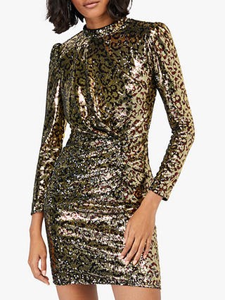 Monsoon Tory Embellished Leopard Print Mini Dress, Gold
