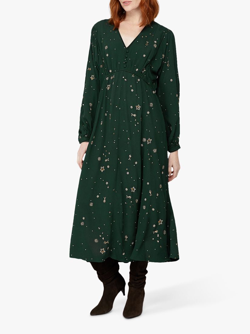 Monsoon Ellie Star Embellished Midi Dress, Green