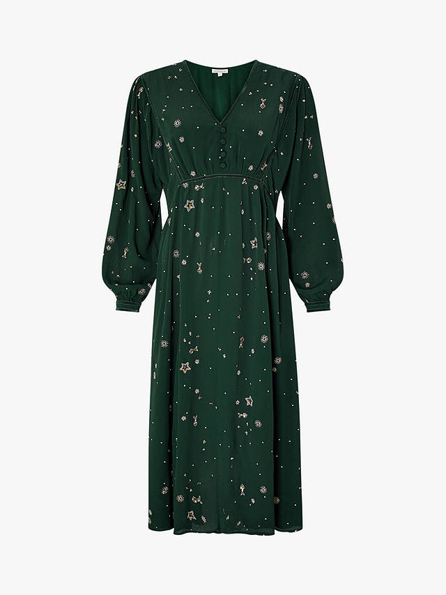 Monsoon Ellie Star Embellished Midi Dress, Green at John Lewis & Partners