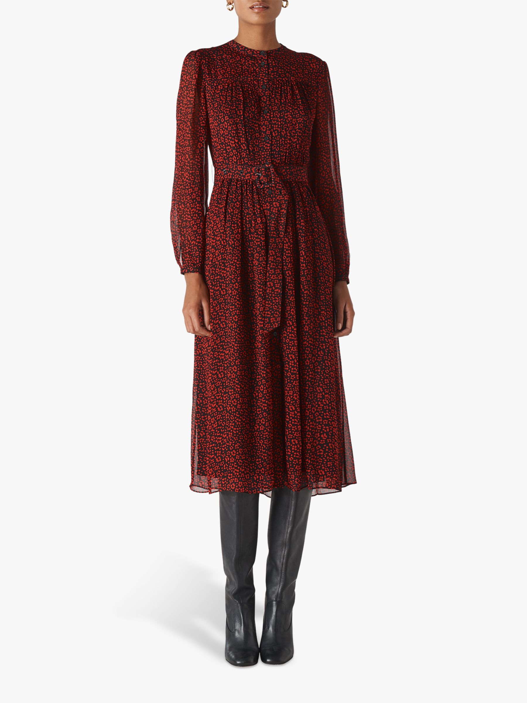 Whistles Bethany Mini Ikat Belted Midi Dress, Red/Multi at John Lewis ...