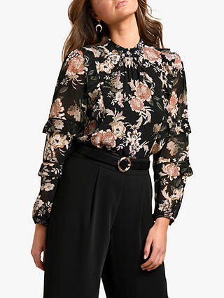 Forever New Orinthia Ruffle Blouse, Black Floral