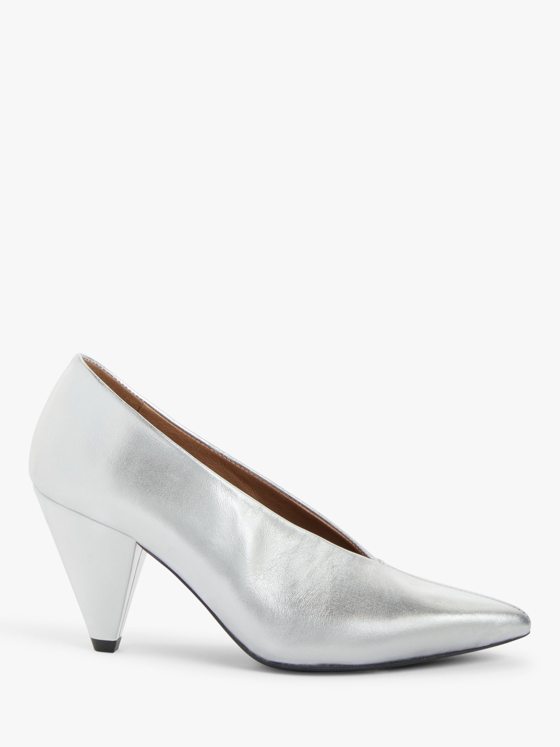 Kin Ansa Leather Cone Heel Court Shoes, Silver