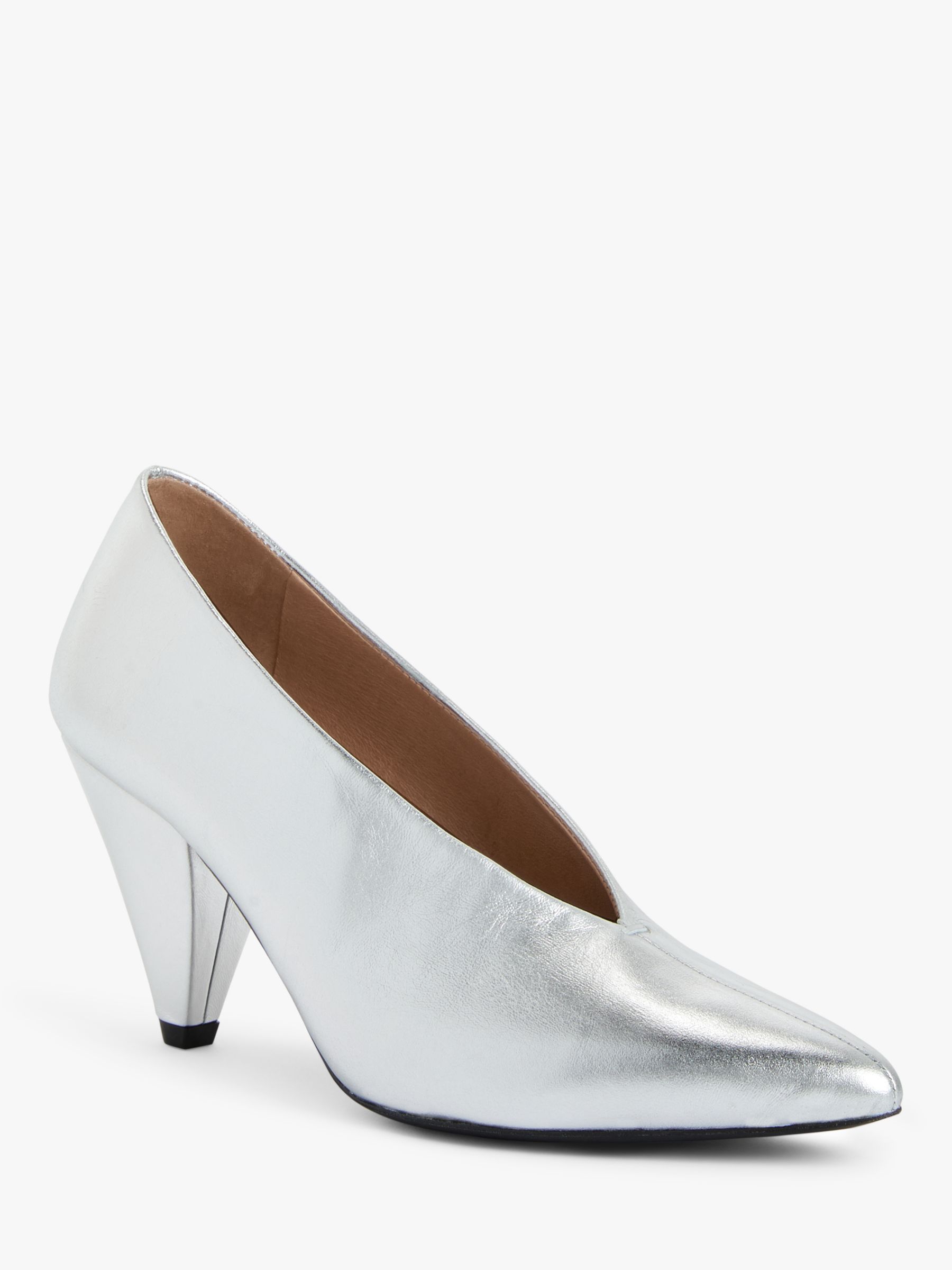 Kin Ansa Leather Cone Heel Court Shoes, Silver