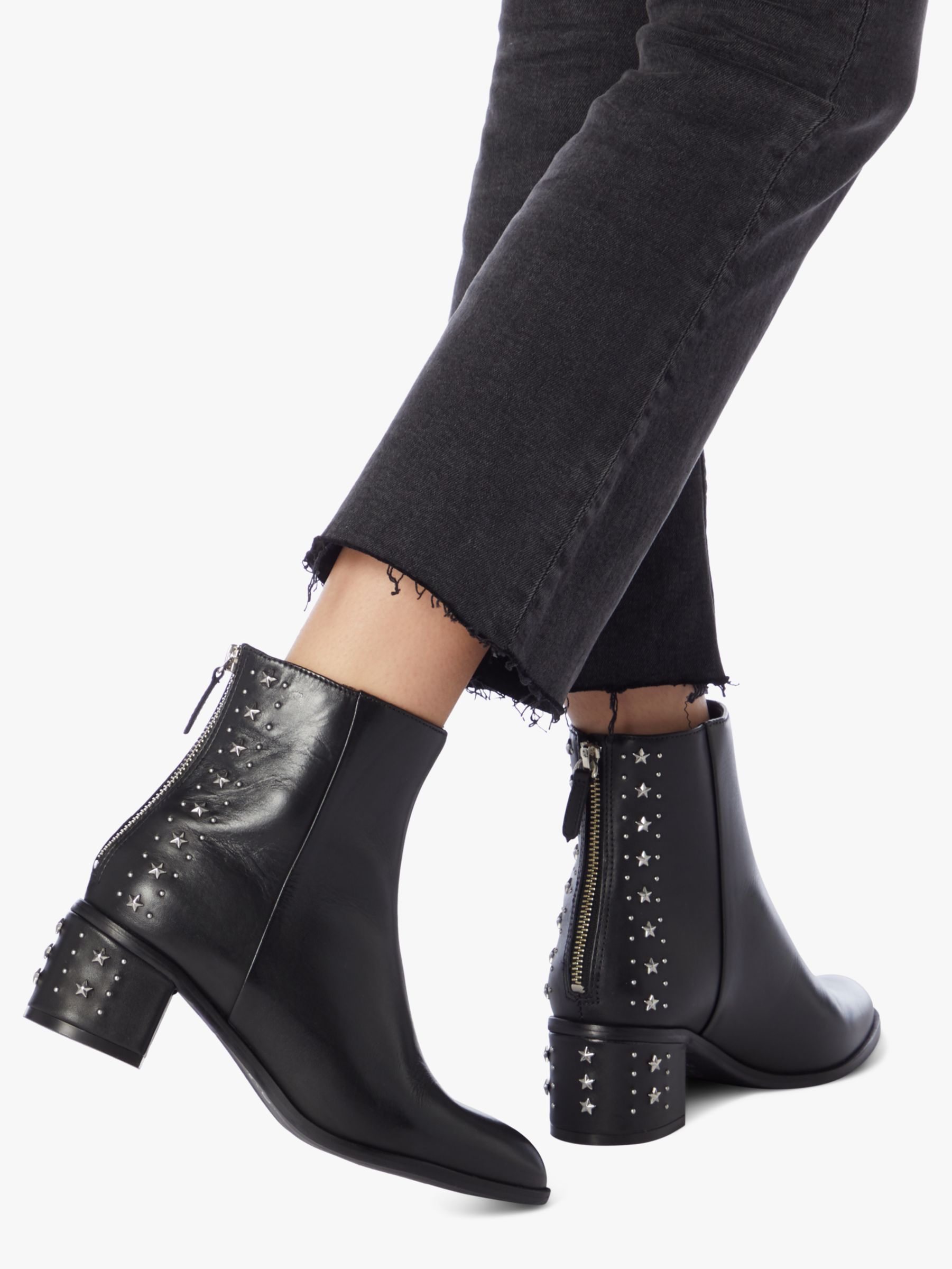 Dune Pino Leather Embellished Block Heel Ankle Boots, Black