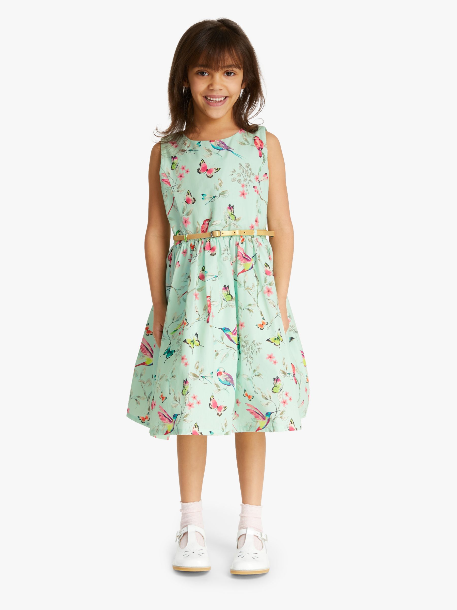 John Lewis & Partners Girls' Bird Print Dress, Aqua