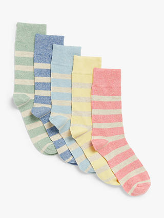 John Lewis & Partners Organic Cotton Rich Twisted Rugby Stripe Socks, Pack of 5, Green/Blue/Light Blue/Yellow/Pink