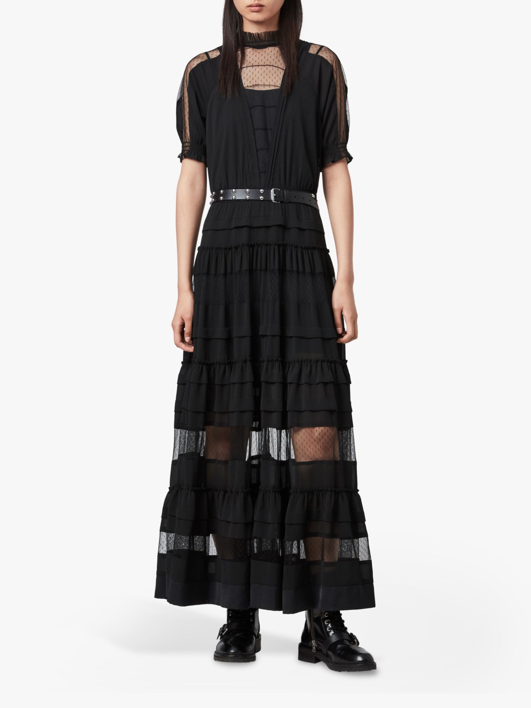 AllSaints Renia Polka Dot Mesh Tiered Maxi Dress, Black