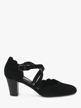 Gabor Fiji Wide Fit Suede Cross Strap Block Heeled Court Shoes, Black