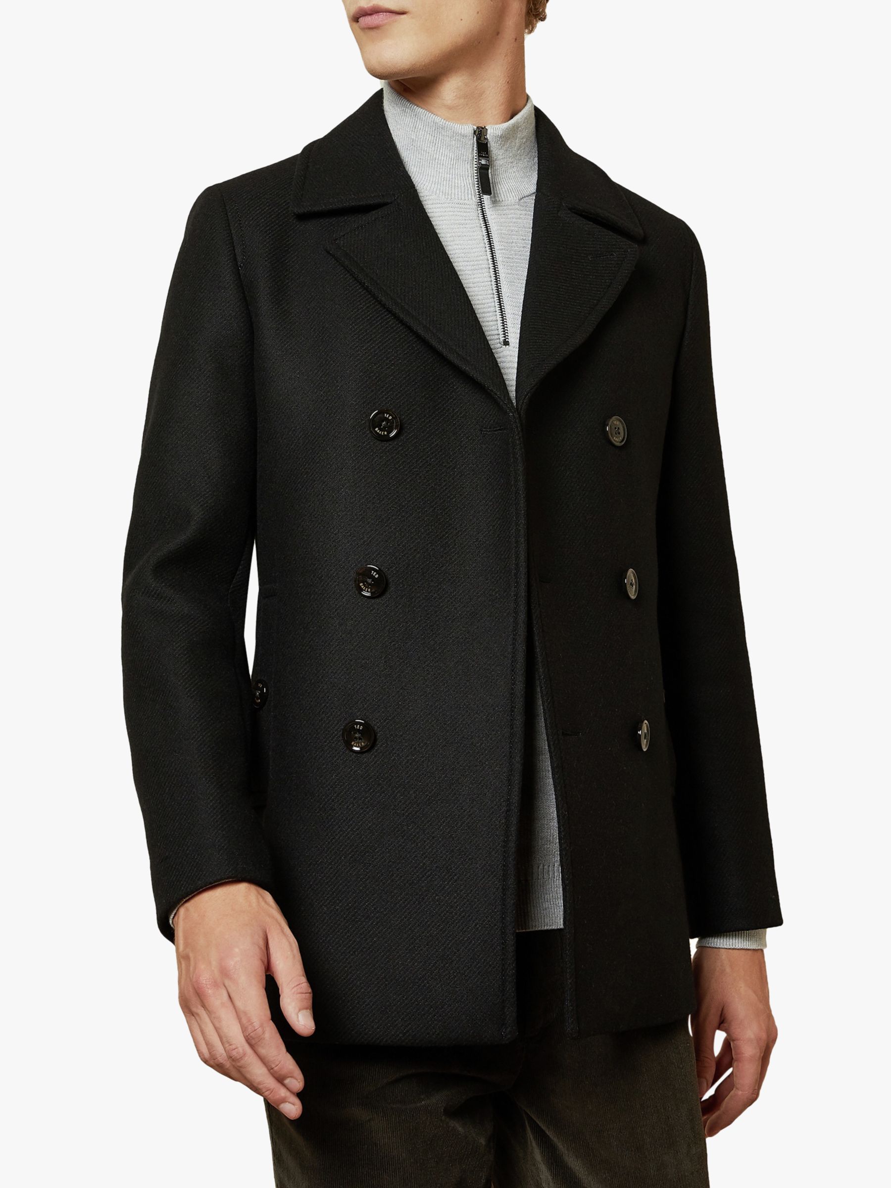 Ted Baker Mallone Wool Blend Double Breasted Peacoat, Black