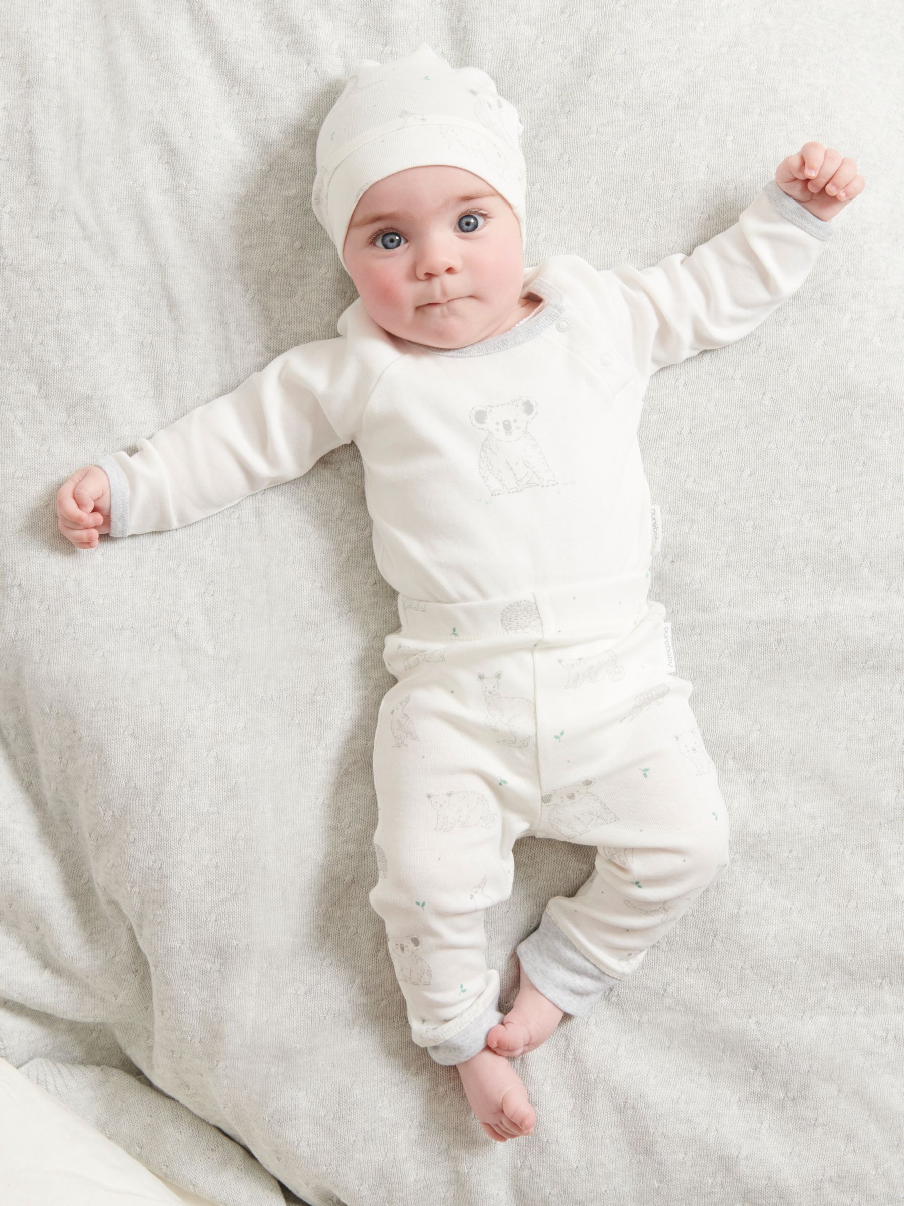 Purebaby Animal Print Sleepsuit, Hat and Leggings Gift Set, Pale Grey