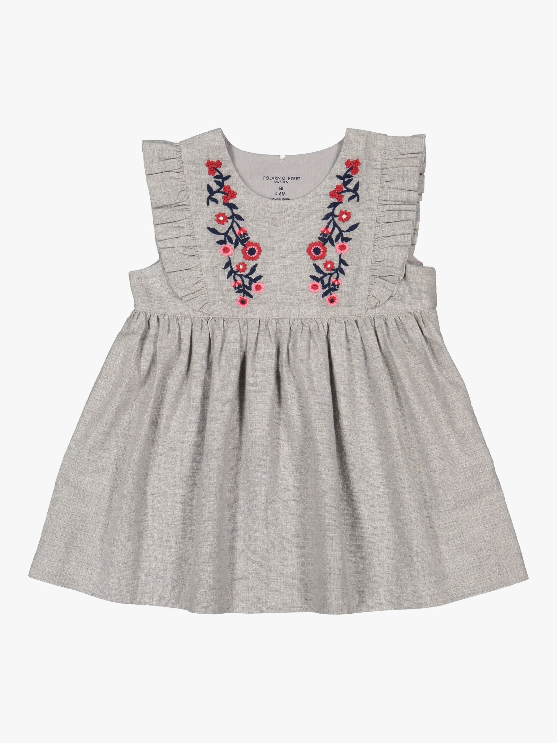 Polarn O. Pyret Baby Embroidered Cotton Dress, Grey