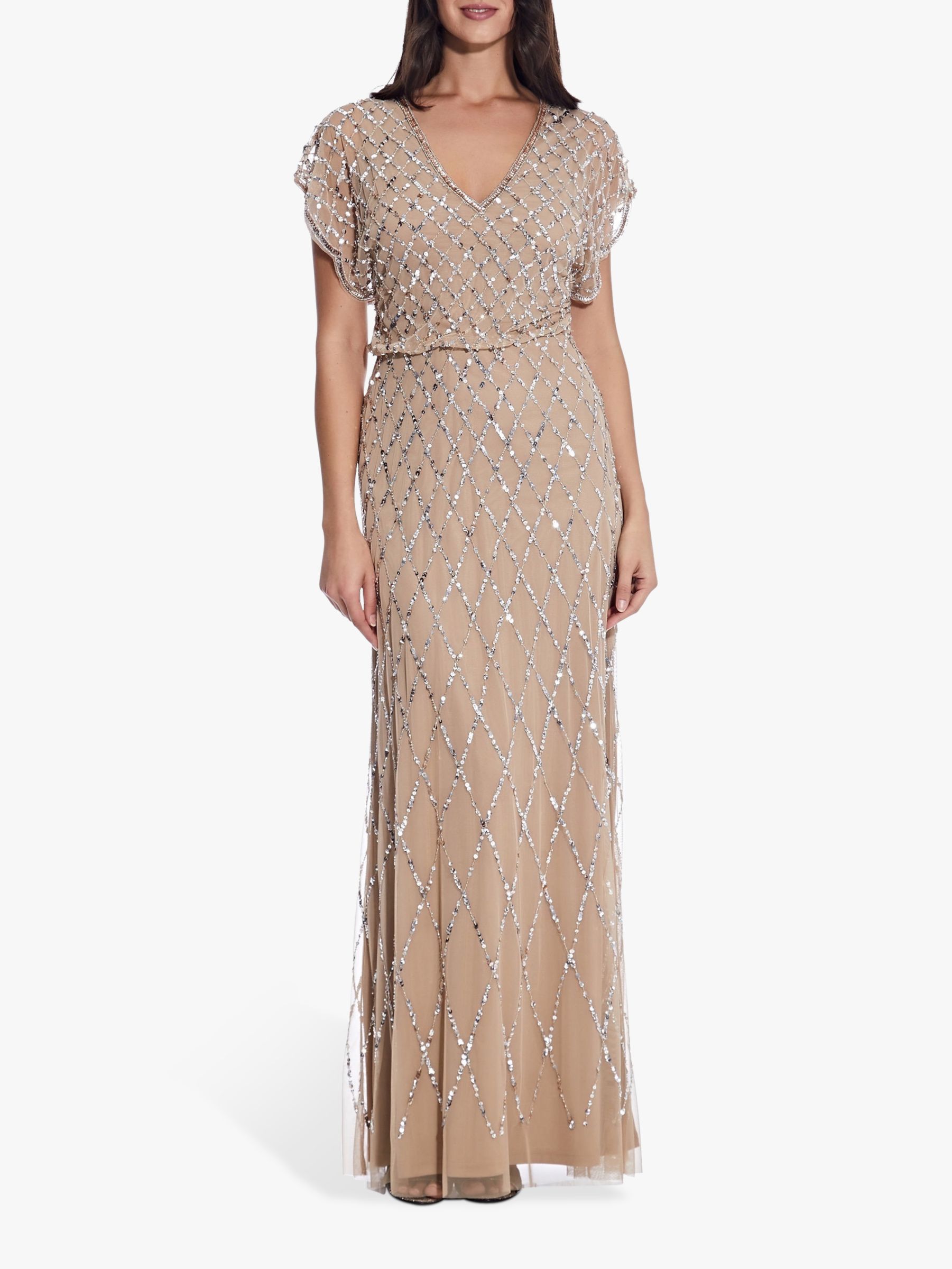 Adrianna Papell Blouson Beaded Maxi Dress, Champagne/Silver, 6
