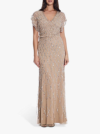 Adrianna Papell Blouson Beaded Maxi Dress, Champagne/Silver