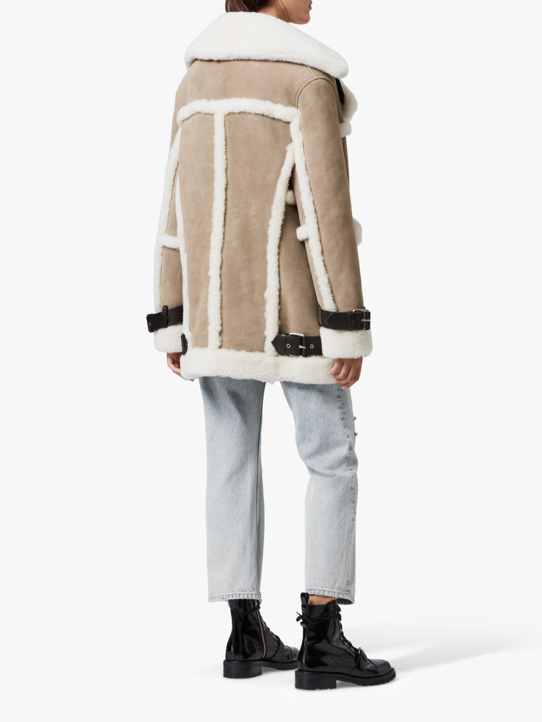 Allsaints Bronx Aviator Shearling Coat Taupe Chalk White At John