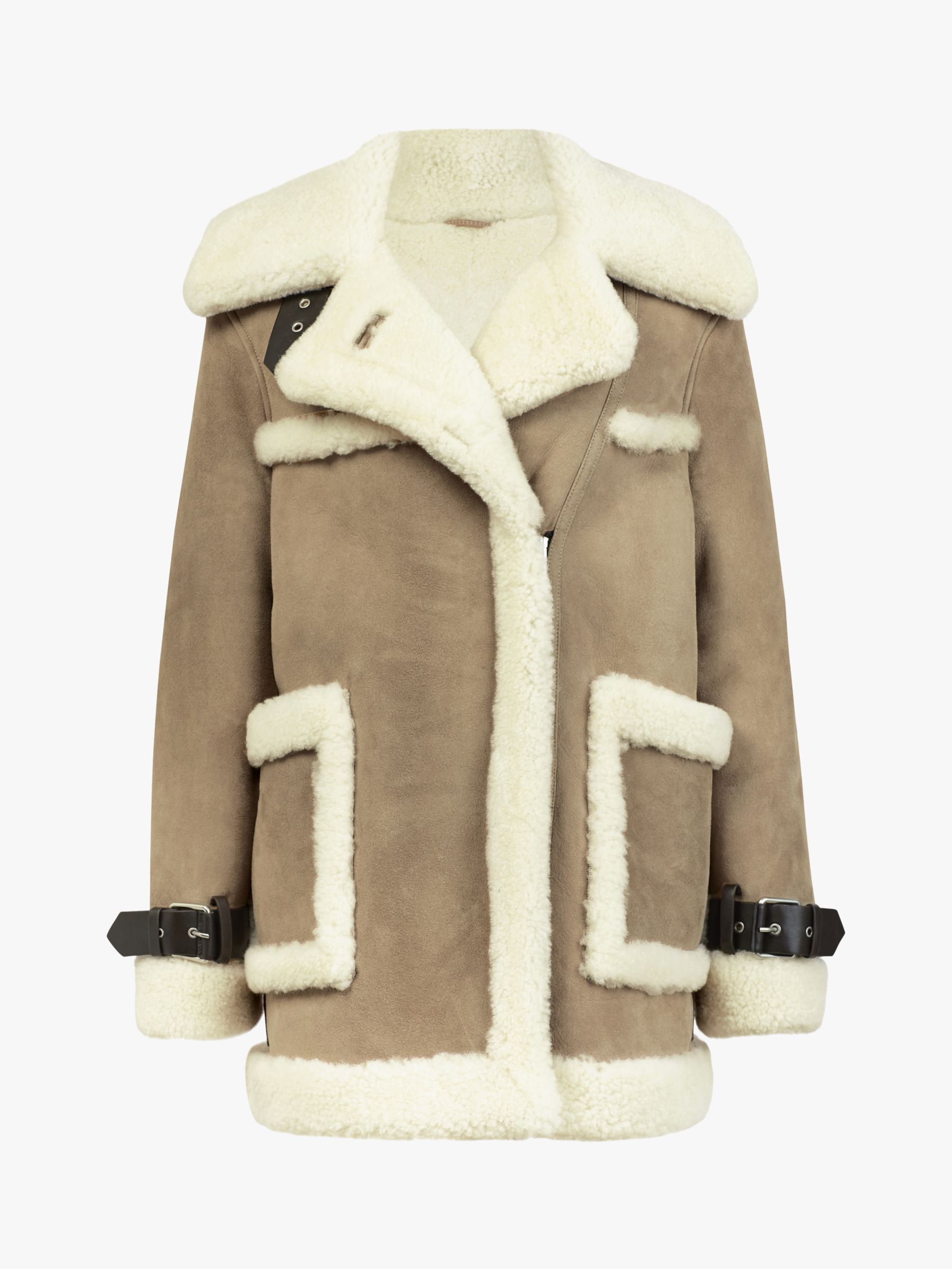 Allsaints Bronx Aviator Shearling Coat Taupe Chalk White At John