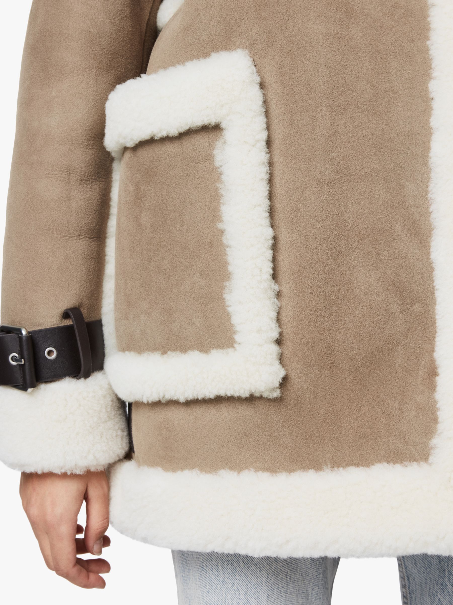 Allsaints Bronx Aviator Shearling Coat Taupe Chalk White At John