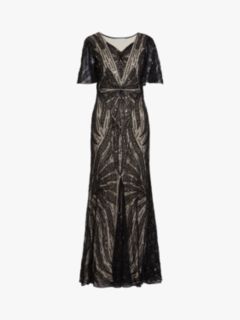 Gina Bacconi Adania Sequin Embellished Maxi Dress, Black/Beige, 10