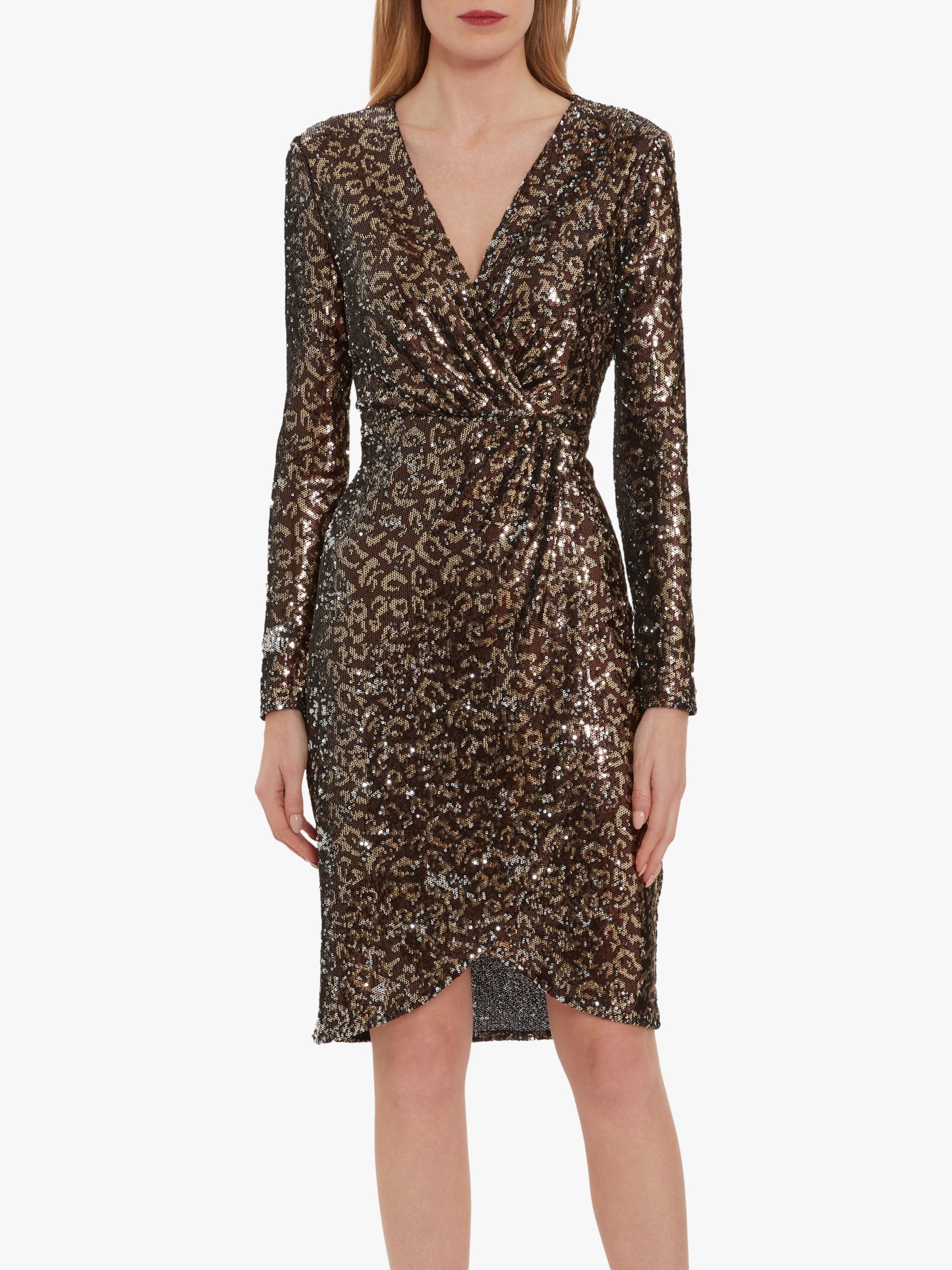 Gina Bacconi Clarice Sequin Leopard Print Wrap Dress, Brown/Gold