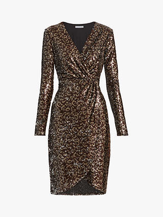 Gina Bacconi Clarice Sequin Leopard Print Wrap Dress, Brown/Gold