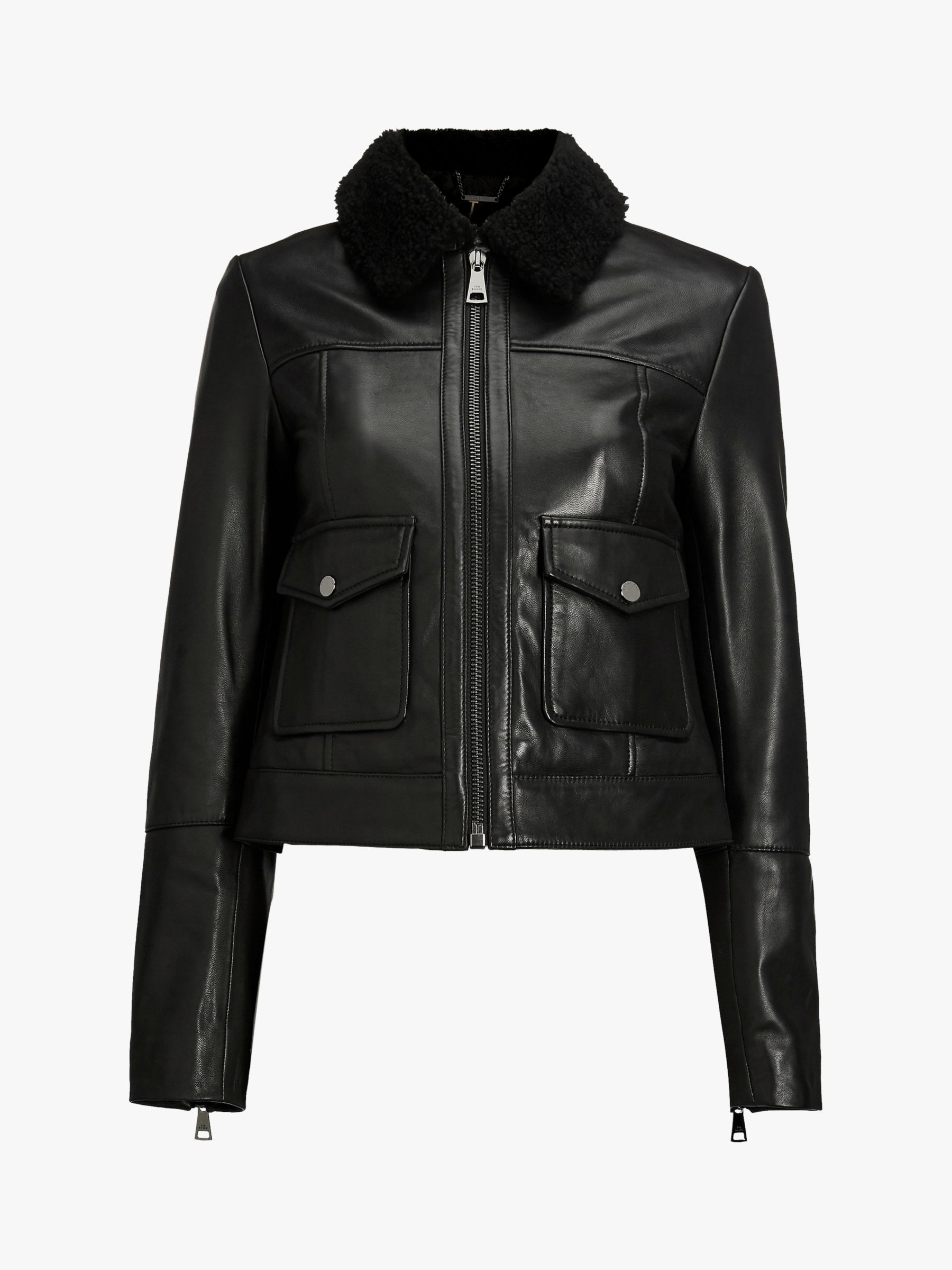 Ted Baker Dasiiy Shearling Collar Leather Jacket, Black