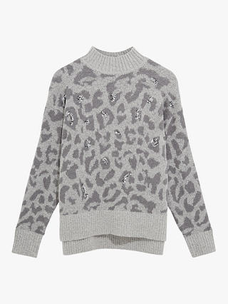 Oasis Leopard Print Sequin Jumper, Grey