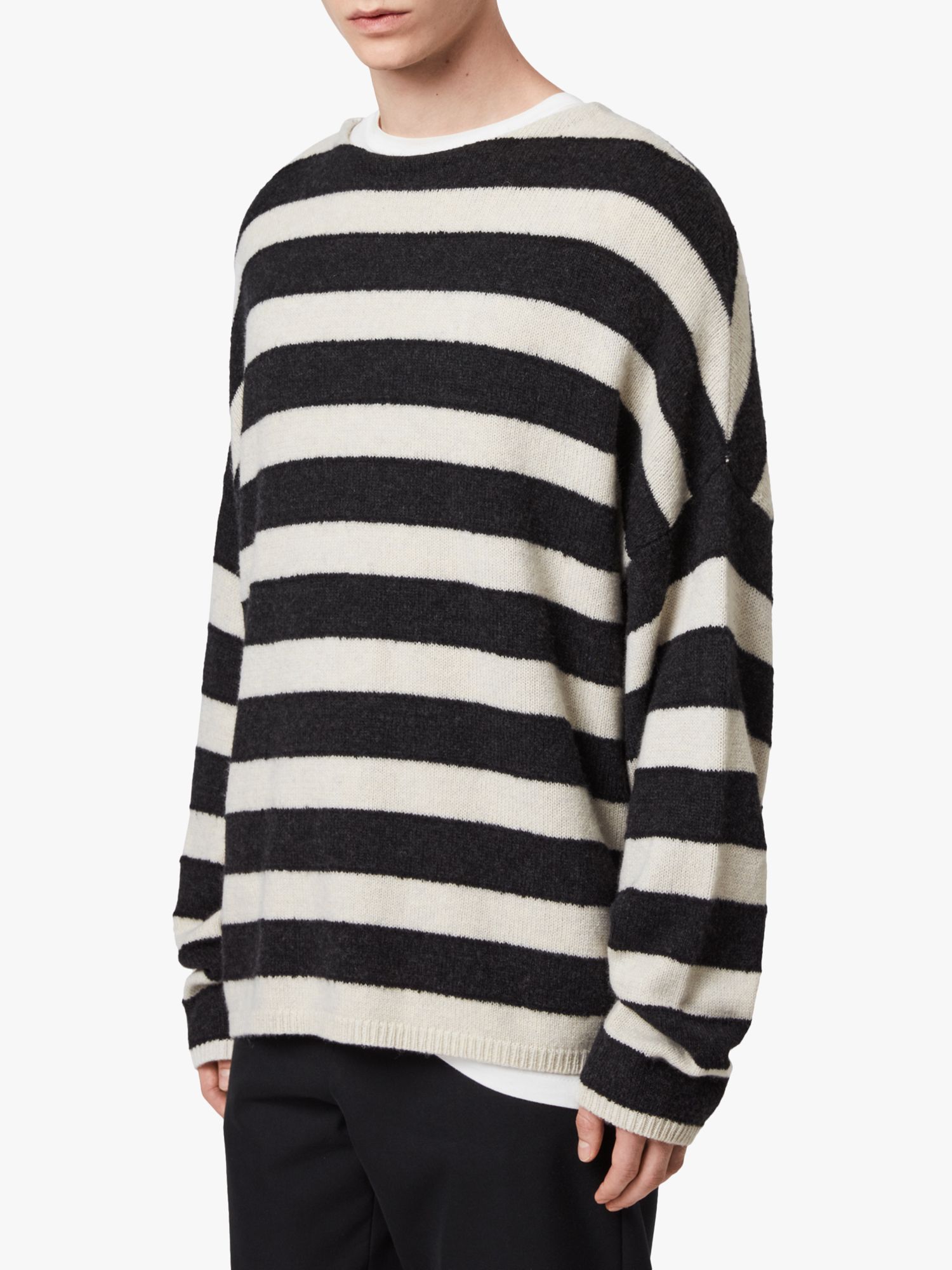 AllSaints Hayle Striped Crew Jumper, White/Cinder Black, M