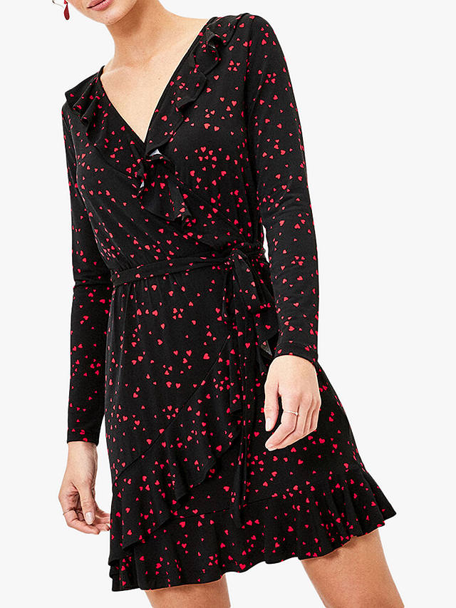 Oasis Heart Print Wrap Dress, Black/Red