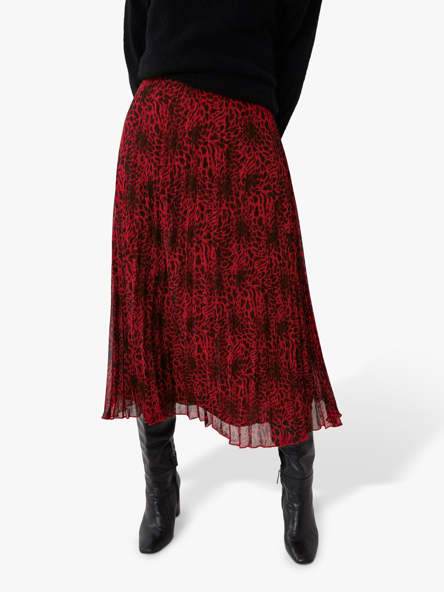 Warehouse Leopard Print Pleated Midi Skirt, Red
