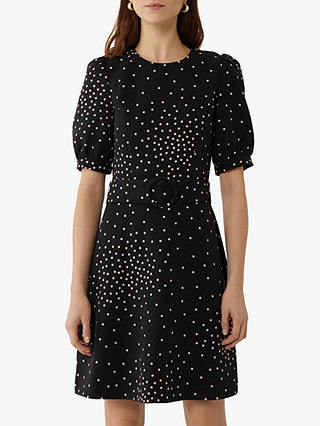 Warehouse Spot Print Belted Mini Dress, Black Pattern