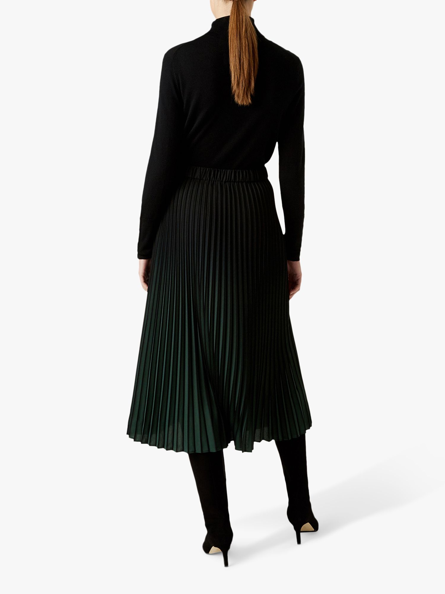 Hobbs Tasha Pleated Midi Skirt, Black/Green at John Lewis & Partners