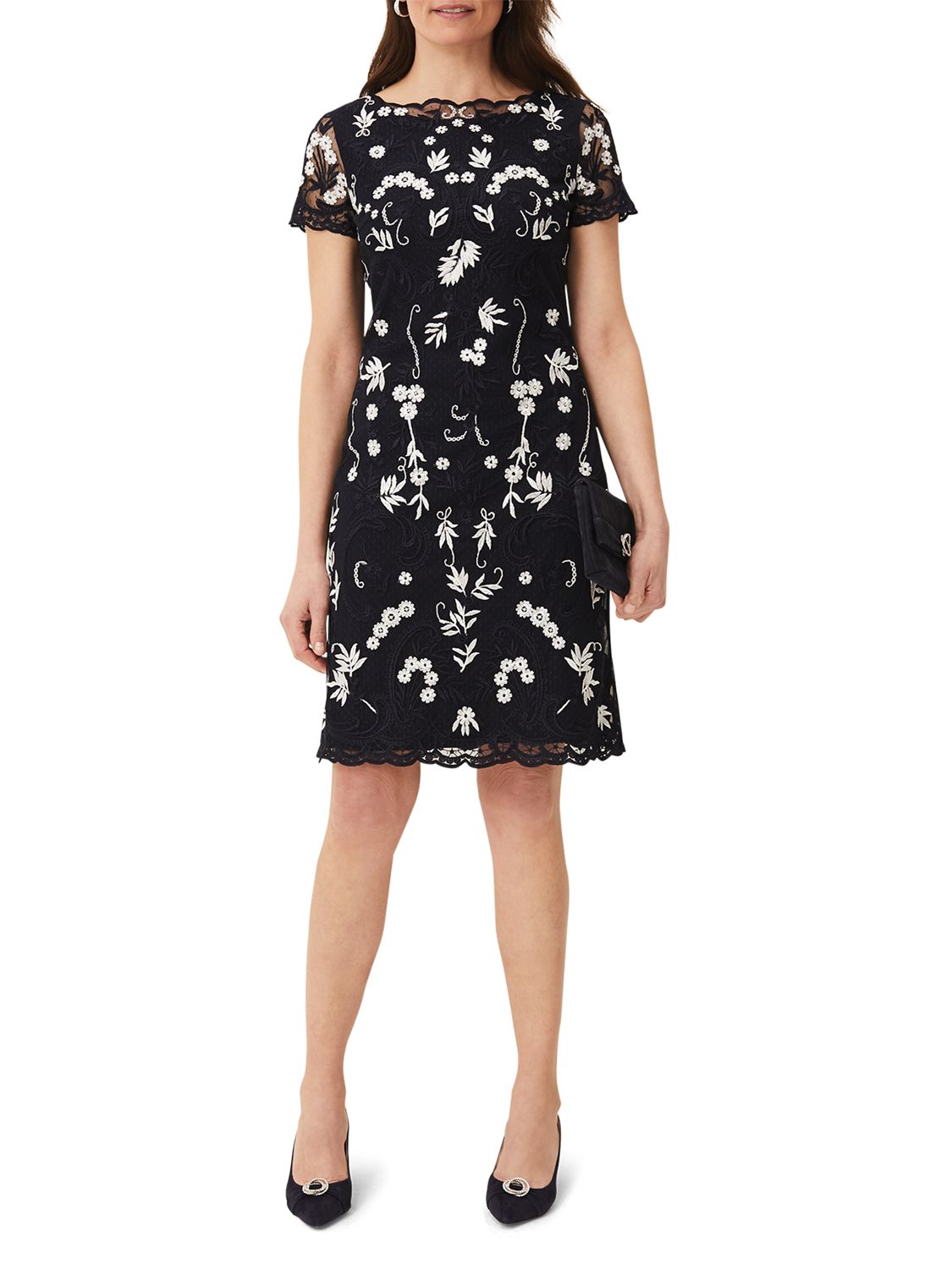Phase Eight Floris Embroidered Dress, Navy/Ivory
