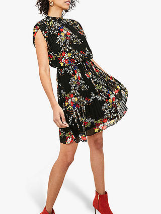 Oasis Floral Pleat Dress, Black/Multi
