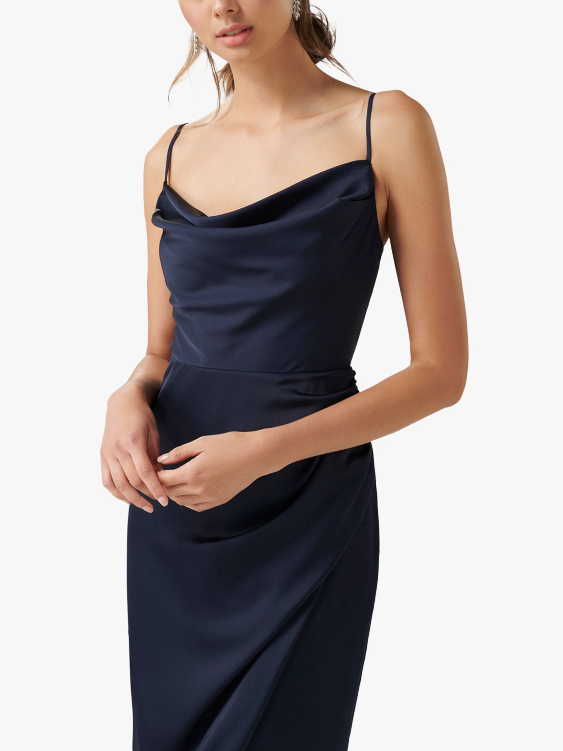 navy satin cowl neck dress