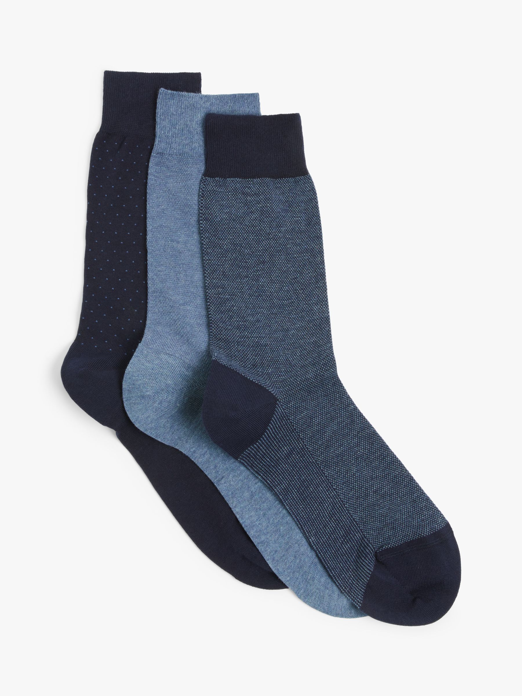 John Lewis Made in Italy Cotton Patterned Socks, Pack of 3, Blue/Navy, S