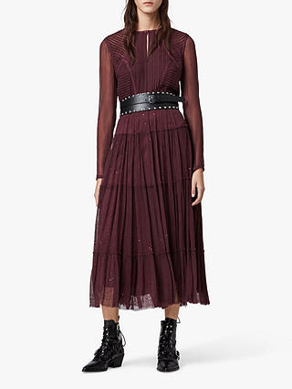 AllSaints Rochi Embellished Long Sleeve Midi Dress, Port