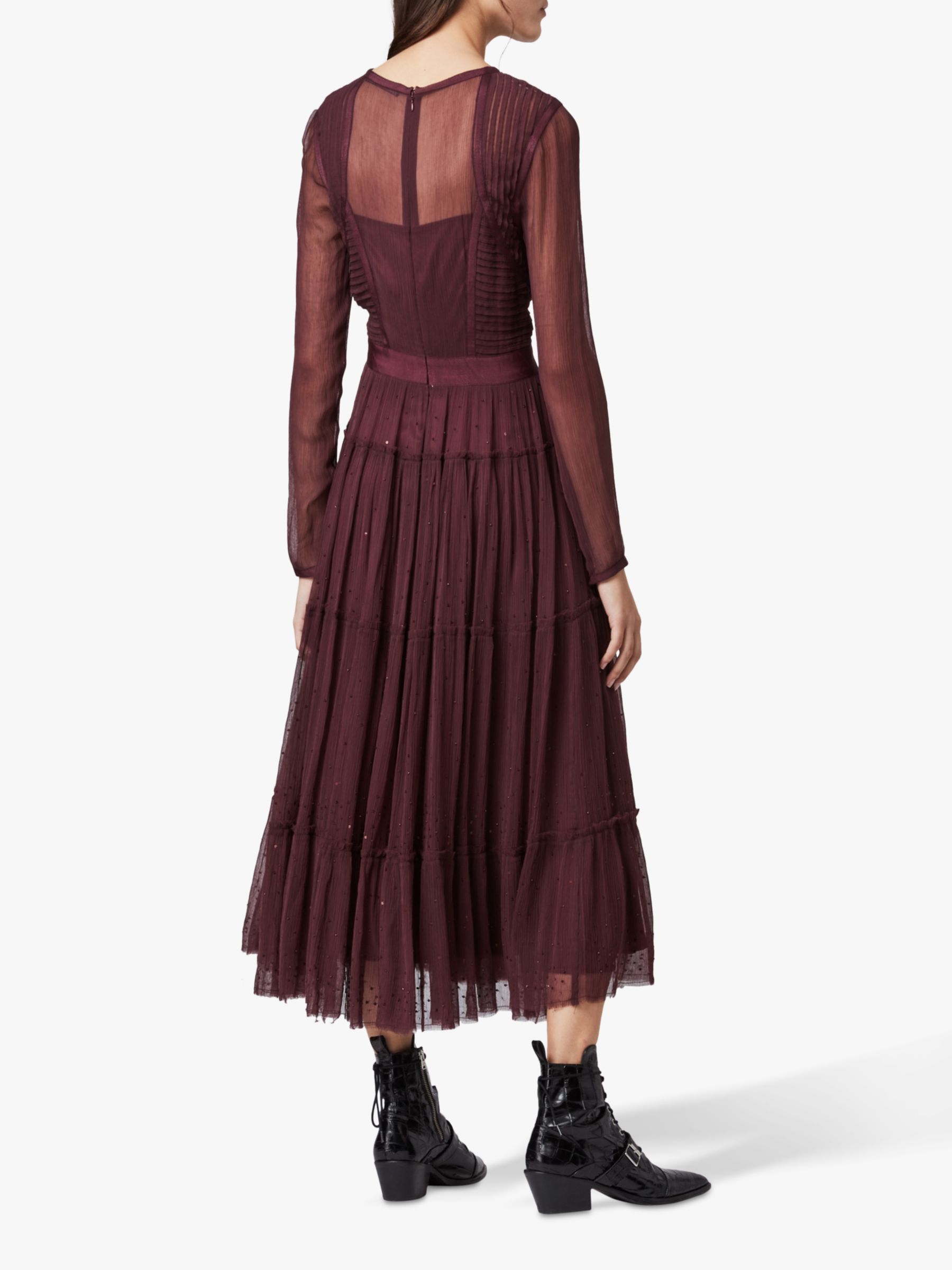 AllSaints Rochi Embellished Long Sleeve Midi Dress, Port