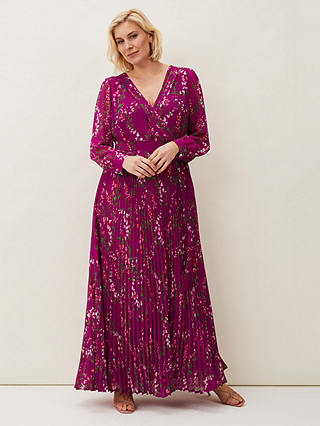 Phase Eight Carmen Pleated Floral Dress, Bright Plum at John Lewis
