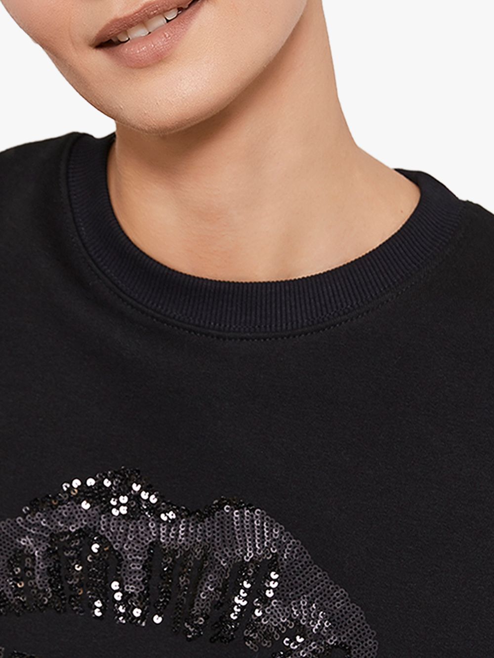 Mint Velvet Sequin Lips Sweatshirt, Black at John Lewis & Partners