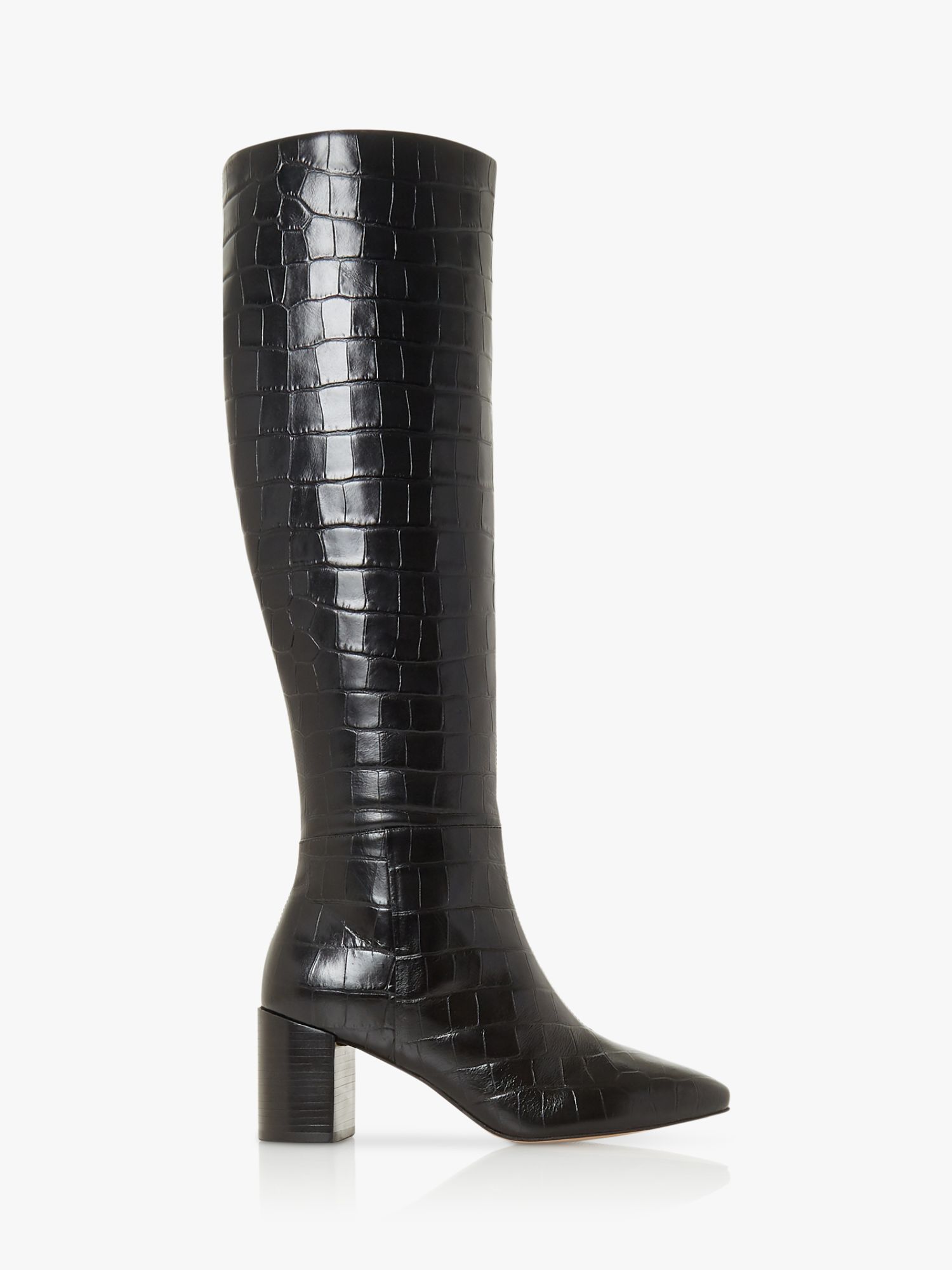black croc print knee high boots